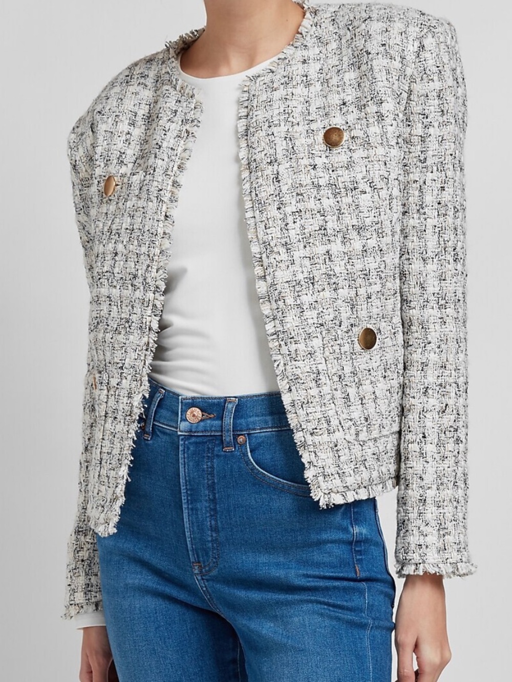 Express Black and White Tweed Fringed Jacket with Gold Buttons Sz M